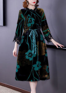 Fashion Green Cinched Jacquard Silk Velour Long Dress Spring