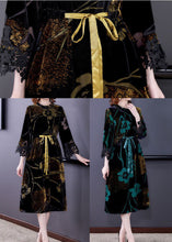 Load image into Gallery viewer, Fashion Green Cinched Jacquard Silk Velour Long Dress Spring