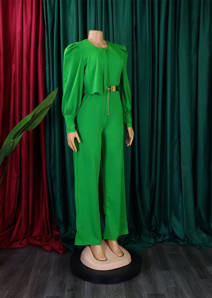 Fashion Green O-Neck Asymmetrical Patchwork Wide Leg Jumpsuits Long Sleeve