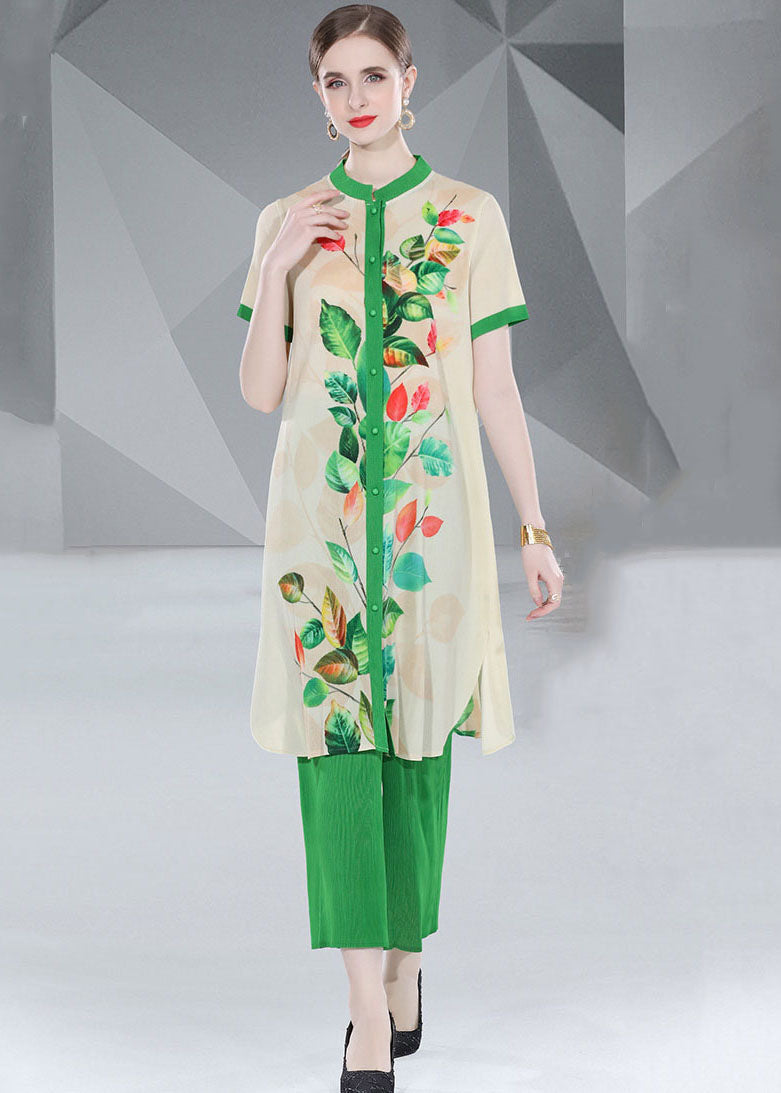 Fashion Green Print Button Loose Chiffon 2 Piece Outfit Summer