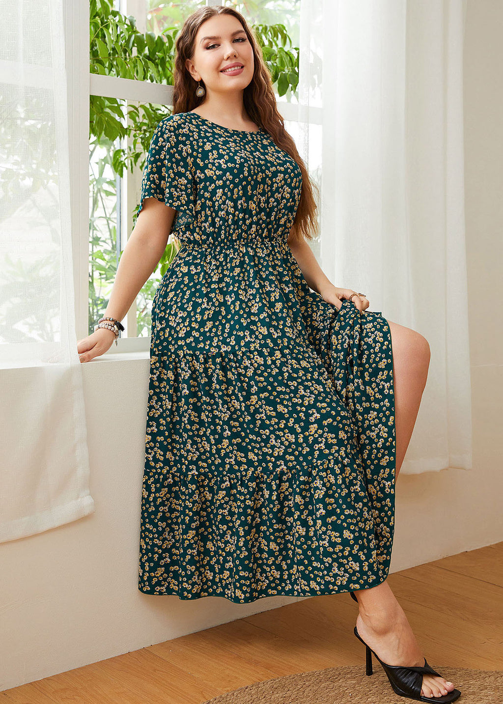 Fashion Green Print Wrinkled Patchwork Chiffon Long Dresses Summer