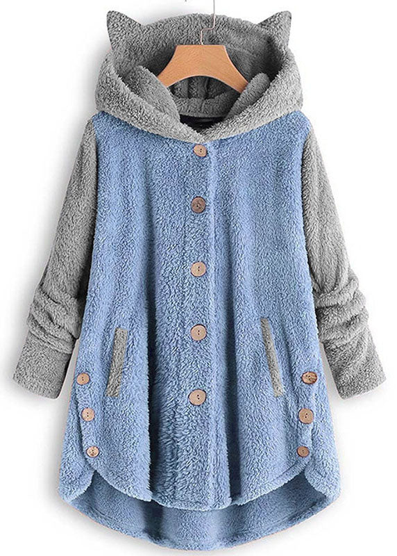 Fashion Grey Hooded Button Patchwork Teddy Faux Fur Coat Long Sleeve