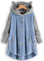 Fashion Grey Hooded Button Patchwork Teddy Faux Fur Coat Long Sleeve