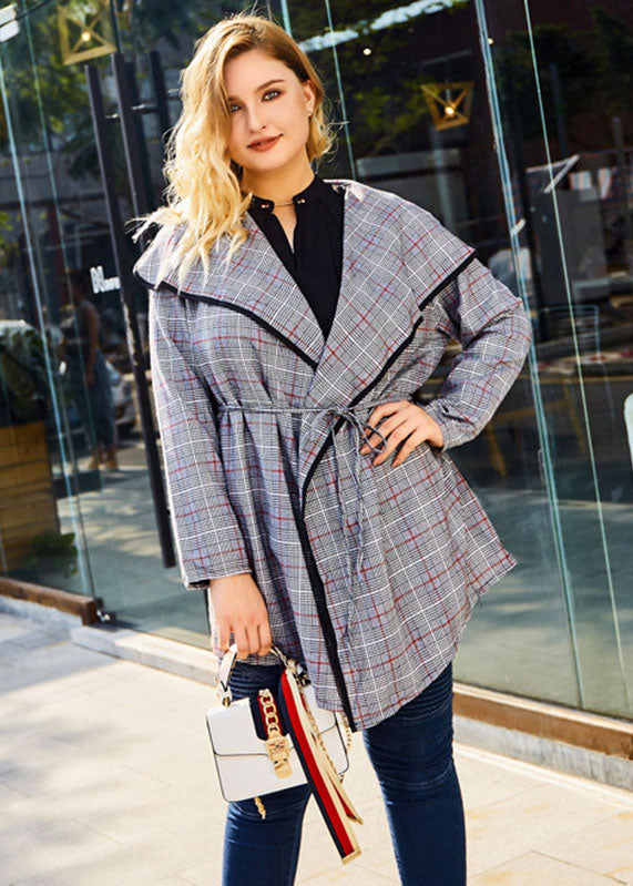 Fashion Grey Peter Pan Collar Plaid Tie Waist Long Trench Coats Long Sleeve