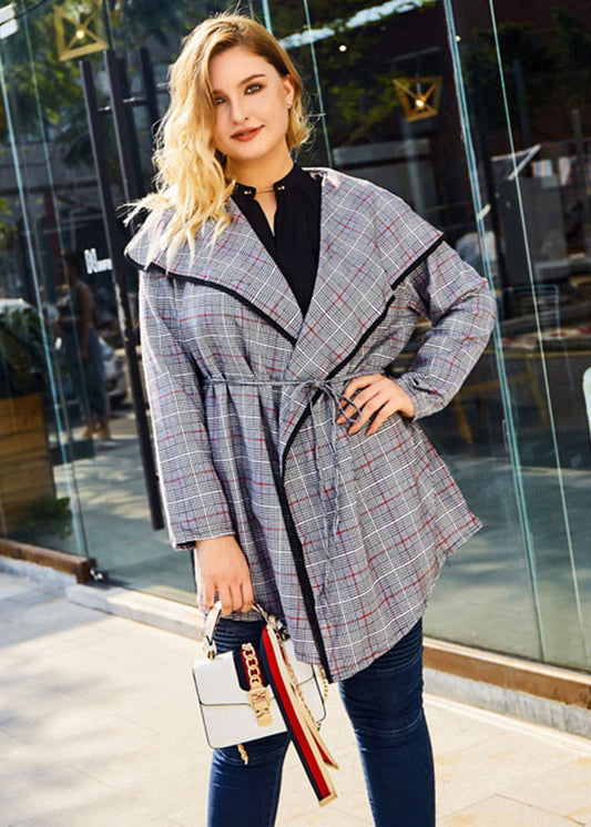 Fashion Grey Peter Pan Collar Plaid Tie Waist Long Trench Coats Long Sleeve