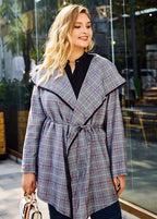 Fashion Grey Peter Pan Collar Plaid Tie Waist Long Trench Coats Long Sleeve