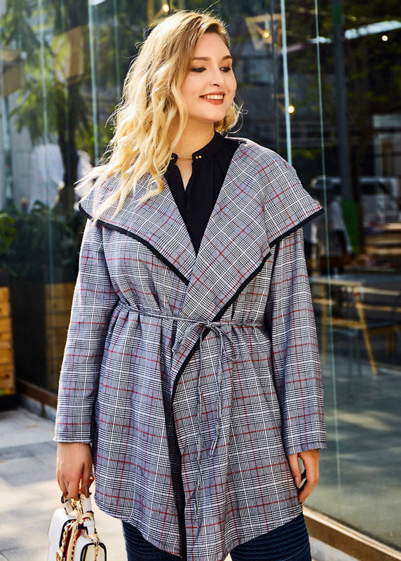 Fashion Grey Peter Pan Collar Plaid Tie Waist Long Trench Coats Long Sleeve