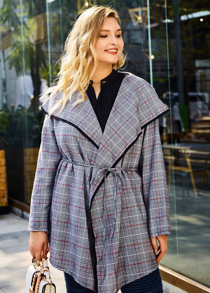 Fashion Grey Peter Pan Collar Plaid Tie Waist Long Trench Coats Long Sleeve