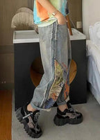 Fashion Light Blue Print Patchwork Sashes High Waist Crop Jeans Summer
