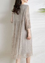 Fashion Light Grey Cinched Embroideried Chiffon Vacation Dresses Three Quarter sleeve