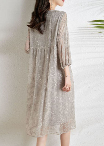 Fashion Light Grey Cinched Embroideried Chiffon Vacation Dresses Three Quarter sleeve