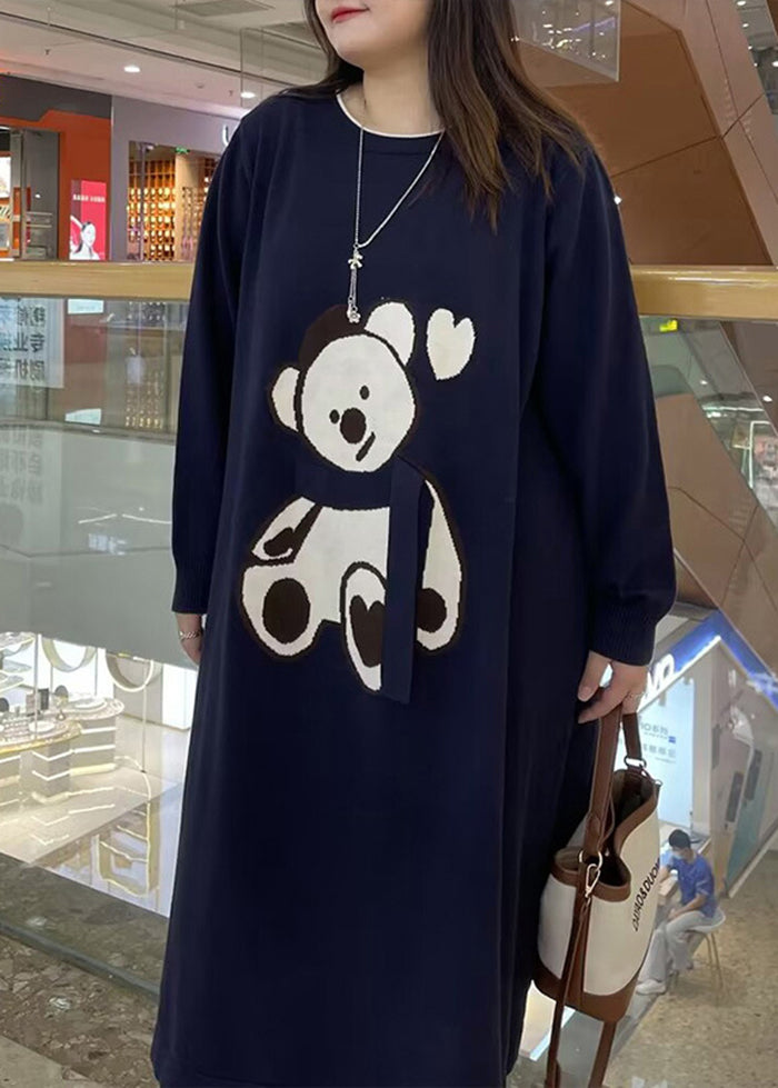 Fashion Navy Oversized Cute Bear Cotton Sweatshirt Dress Fall