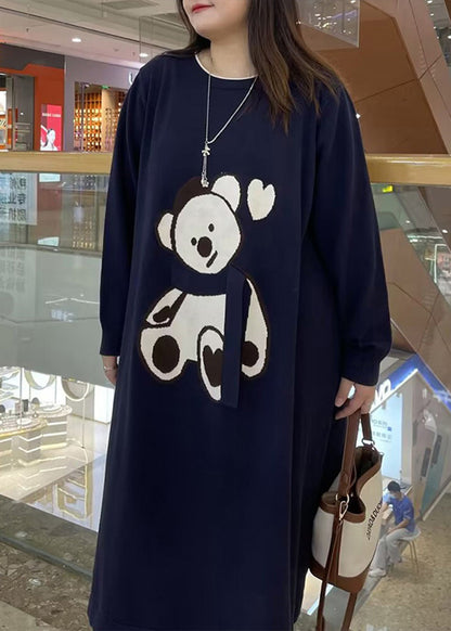 Fashion Navy Oversized Cute Bear Cotton Sweatshirt Dress Fall