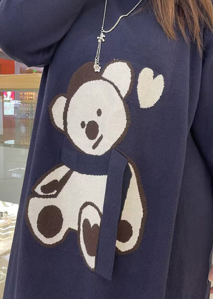 Fashion Navy Oversized Cute Bear Cotton Sweatshirt Dress Fall