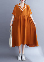 Load image into Gallery viewer, Fashion Orange Peter Pan Collar Wrinkled Patchwork Ice Silk Dress Summer