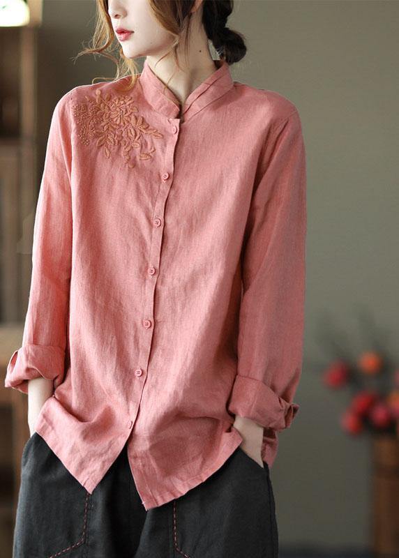 Fashion Pink Button Embroideried Fall Linen Tops Long Sleeve