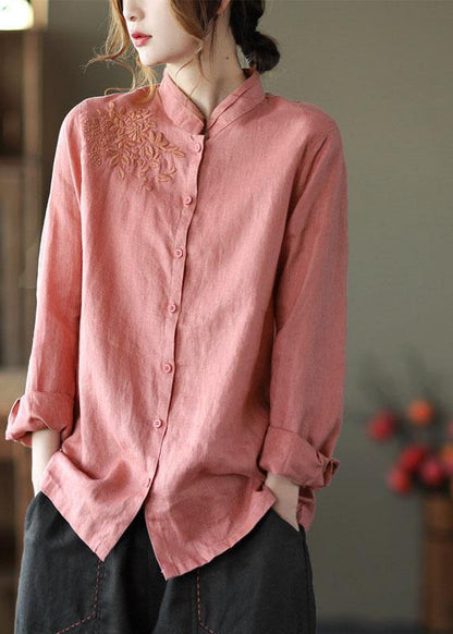 Fashion Pink Button Embroideried Fall Linen Tops Long Sleeve