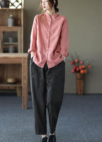Fashion Pink Button Embroideried Fall Linen Tops Long Sleeve