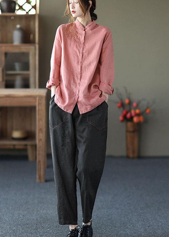 Fashion Pink Button Embroideried Fall Linen Tops Long Sleeve