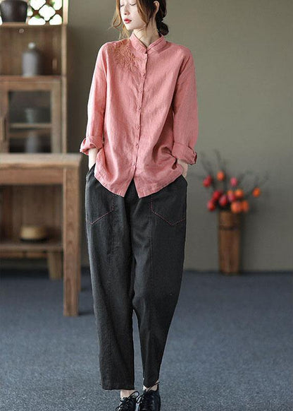 Fashion Pink Button Embroideried Fall Linen Tops Long Sleeve