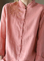 Fashion Pink Button Embroideried Fall Linen Tops Long Sleeve