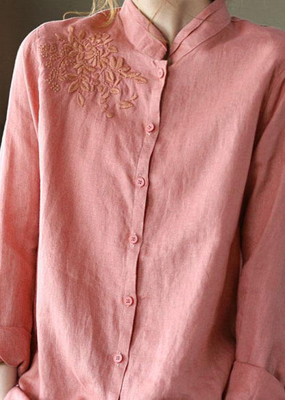 Fashion Pink Button Embroideried Fall Linen Tops Long Sleeve