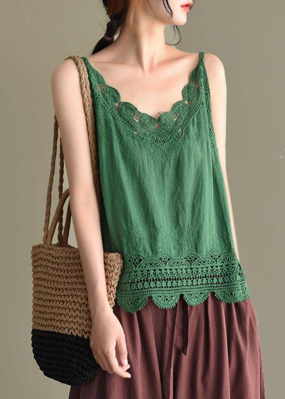 Fashion Pink Embroideried Lace Hollow Out Summer Cotton Vest Sleeveless