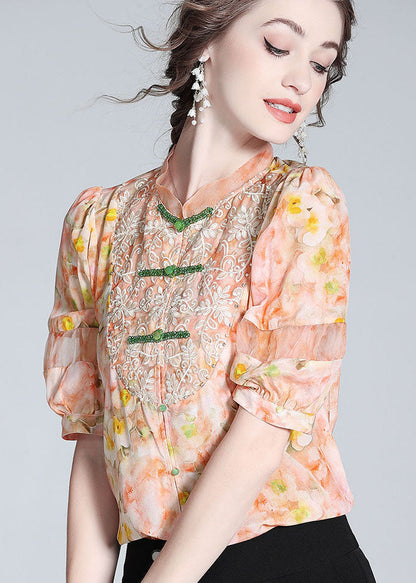 Fashion Pink Lace Embroideried Patchwork Silk Blouse Tops Spring