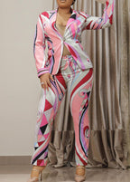 Fashion Pink Notched Print Spandex Coat And Pants Two Piece Set Fall