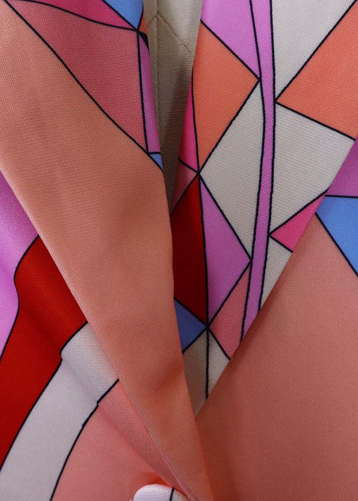 Fashion Pink Notched Print Spandex Coat And Pants Two Piece Set Fall