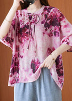 Fashion Pink Print Short Sleeve Summer Cotton Shirt Top