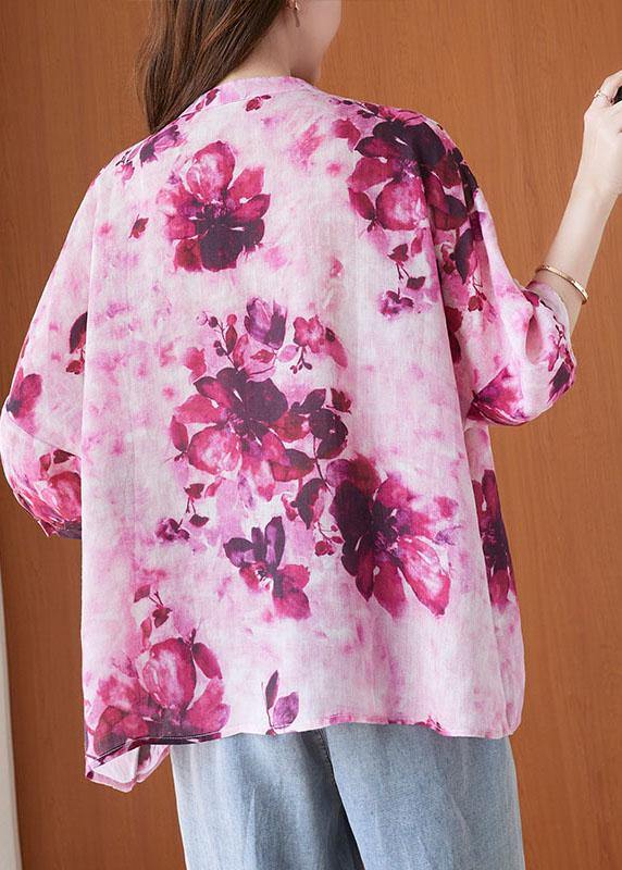 Fashion Pink Print Short Sleeve Summer Cotton Shirt Top
