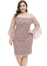 Load image into Gallery viewer, Fashion Pink Slash Neck Lace Mid Dress Short Sleeve