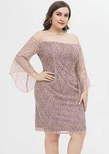 Fashion Pink Slash Neck Lace Mid Dress Short Sleeve