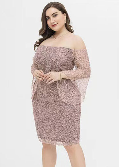 Fashion Pink Slash Neck Lace Mid Dress Short Sleeve