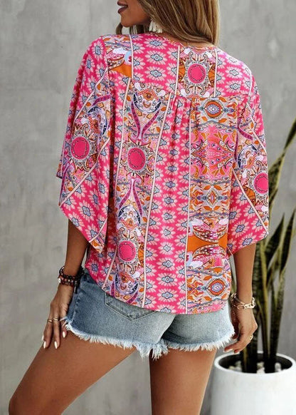 Fashion Pink V Neck Print Loose Tank Tops Short Sleeve