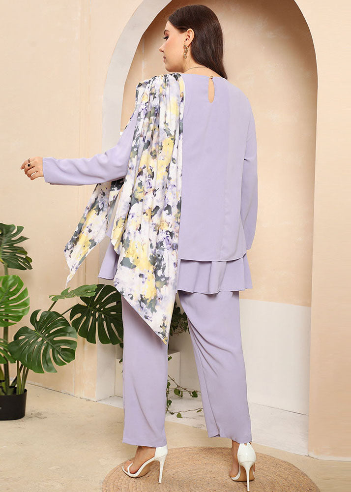 Fashion Purple Asymmetrical Design Print Patchwork Chiffon Two Piece Suit Set Fall