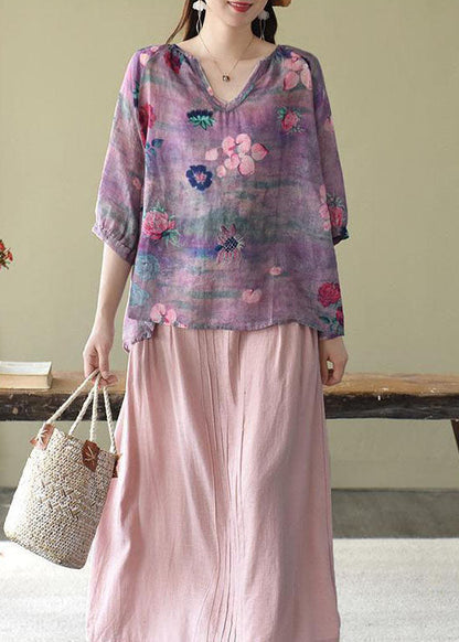 Fashion Purple Casual retro Print Fall Half Sleeve Shirt Top