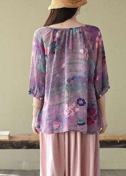 Fashion Purple Casual retro Print Fall Half Sleeve Shirt Top