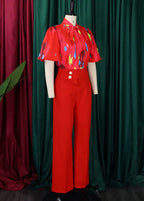 Fashion Red Bow Print Cotton Tops And Wide Leg Pants Two Pieces Set Summer