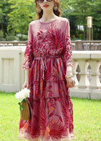 Fashion Red Embroideried Cinched Silk Dresses Bracelet Sleeve