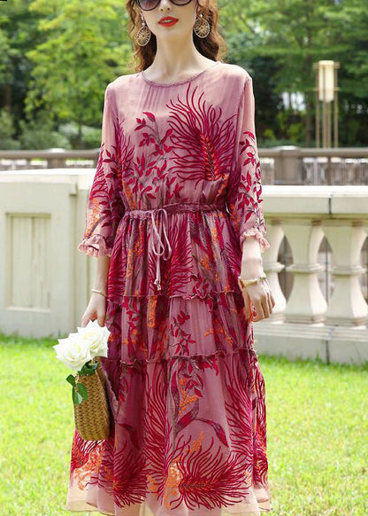 Fashion Red Embroideried Cinched Silk Dresses Bracelet Sleeve