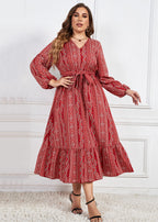 Fashion Red Print Ruffled Tie Waist Patchwork Chiffon Dress Fall