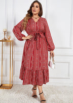 Fashion Red Print Ruffled Tie Waist Patchwork Chiffon Dress Fall