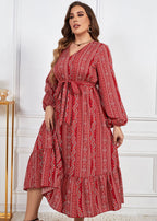 Fashion Red Print Ruffled Tie Waist Patchwork Chiffon Dress Fall