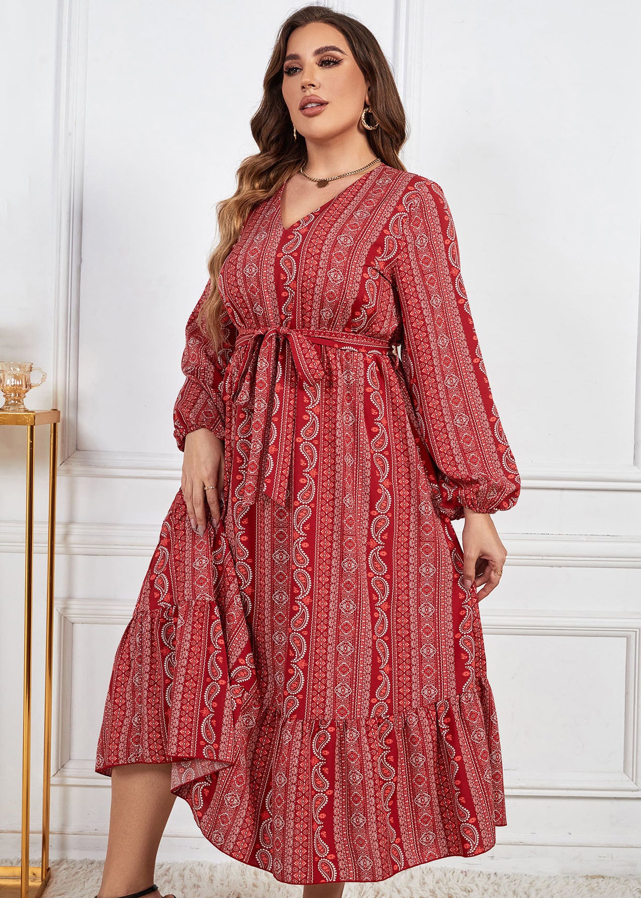 Fashion Red Print Ruffled Tie Waist Patchwork Chiffon Dress Fall