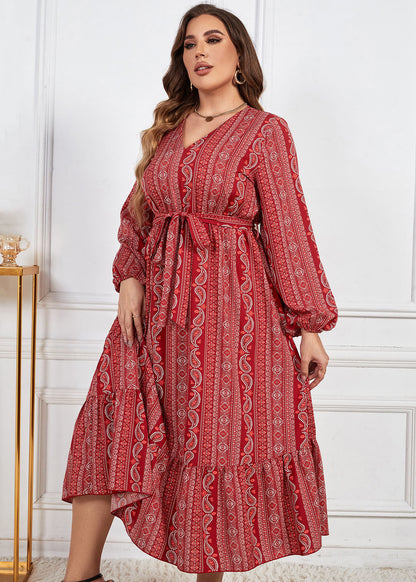 Fashion Red Print Ruffled Tie Waist Patchwork Chiffon Dress Fall