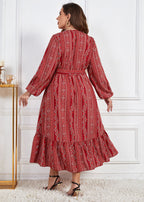 Fashion Red Print Ruffled Tie Waist Patchwork Chiffon Dress Fall