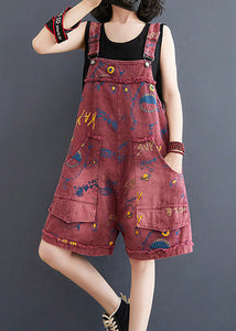 Fashion Red Slash Neck Print Patchwork Denim Jumpsuit Summer