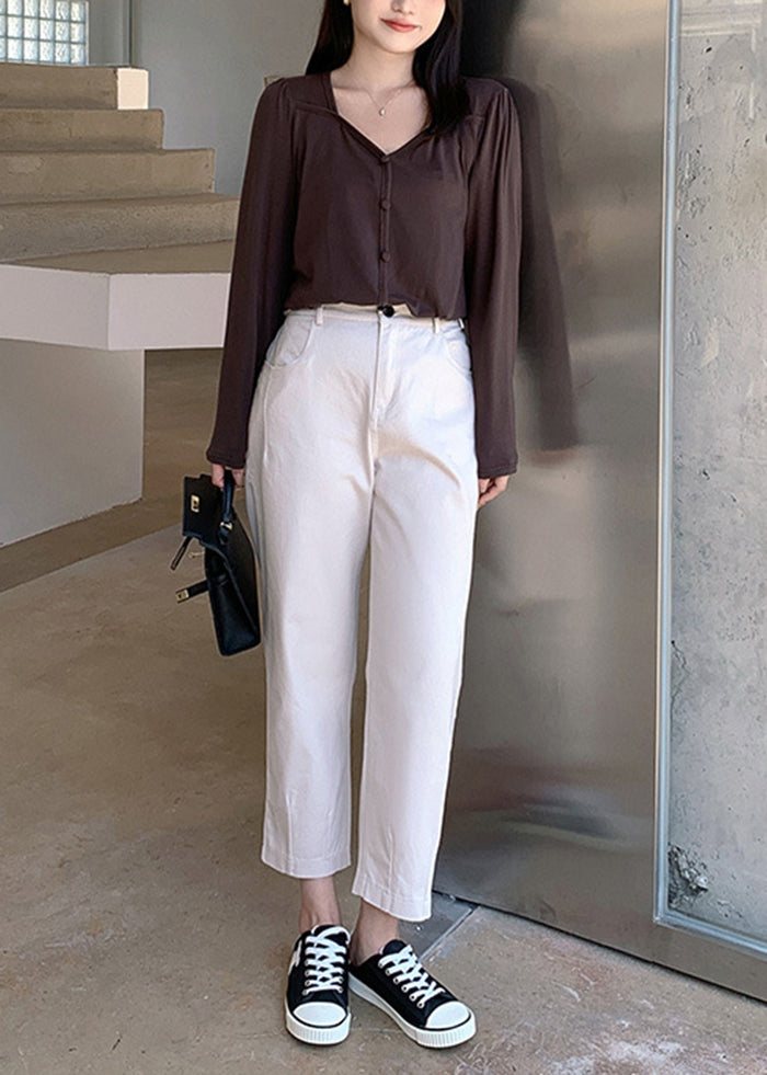 Fashion White Slim Fit Pockets Spandex Crop Pants Fall